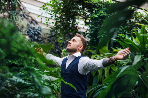 Young man standing in botanical garden, arms stretched. Green bussiness concept. - HPIF17875