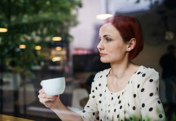 Porträt einer Frau, die mit einem Kaffee am Tisch in einem Café sitzt und einen Laptop benutzt, aufgenommen durch ein Glas. - HPIF17968