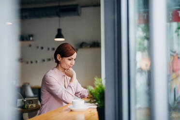 Ein Porträt der attraktiven Frau mit Kaffee sitzt am Tisch in einem Café, mit Laptop. - HPIF17994