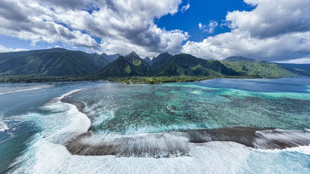 Aerial of Teahupoo wave and Tahiti Iti, Society Islands, French Polynesia, South Pacific, Pacific - RHPLF24126