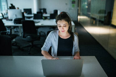 Vorderansicht einer jungen Geschäftsfrau mit Computer, die in einem Büro am Schreibtisch sitzt und arbeitet. - HPIF18295