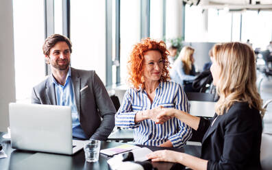 A group of young business people sitting and talking in an office, shaking hands. - HPIF18356