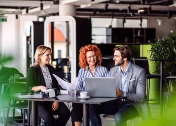 A group of young cheerful business people with laptop sitting in an office, talking. - HPIF18368