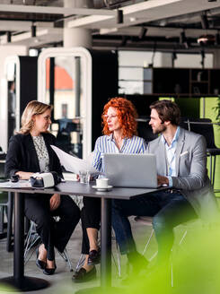 Eine Gruppe junger, fröhlicher Geschäftsleute mit Laptop sitzt in einem Büro und unterhält sich. - HPIF18369