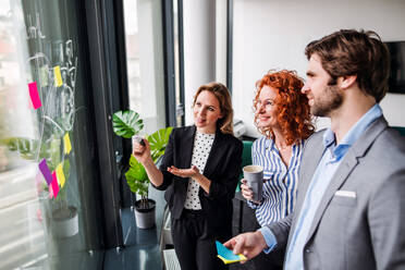 A group of young business people talking in an office, brainstorming. - HPIF18387