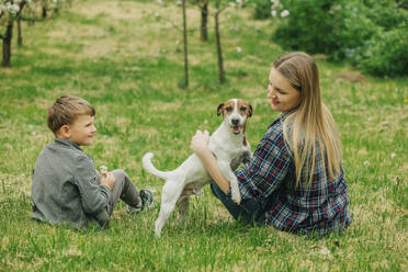Glückliche Mutter und Sohn sitzen mit Jack Russell Terrier Hund im Garten - VSNF00905