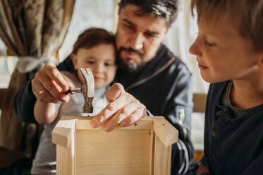Father assisting son hammering nail on birdhouse at home - ANAF01441