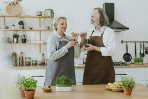 Ehepaar genießt gesunden Entgiftungssaft in der Küche zu Hause stehend - YTF00863