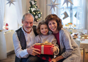 Frontansicht eines glücklichen älteren Paares mit einer kleinen Enkelin, die zu Weihnachten ein Geschenk in der Hand hält. - HPIF18698