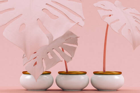 3D-Rendering von rosa getöpferten Monstera-Pflanzen, die vor einem rosa Hintergrund stehen - GCAF00336