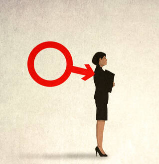 Illustration of businesswoman stabbed in back by male symbol - GWAF00162