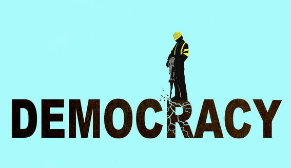 Illustration eines Bauarbeiters, der das Wort Demokratie zerstört - GWAF00166
