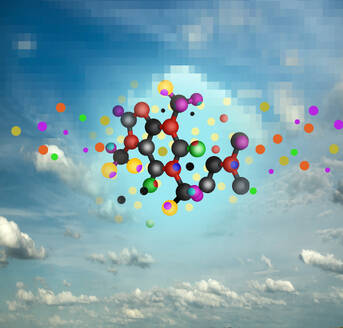 Illustration von Molekülen, die gegen den Himmel schweben - GWAF00172