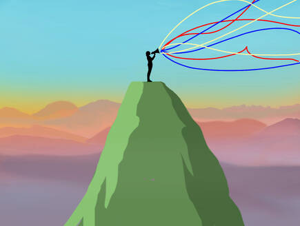 Illustration einer Sprecherin mit Megaphon auf einem Berggipfel - GWAF00174