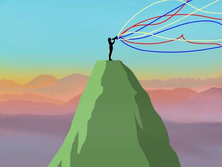 Illustration of female speaker using megaphone on mountaintop - GWAF00174