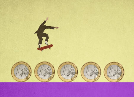 Illustration eines Geschäftsmannes, der mit dem Skateboard über eine Reihe von Ein-Euro-Münzen fährt - GWAF00175