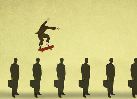 Illustration eines Mannes, der mit dem Skateboard über Geschäftsleute fährt, die in einer Schlange warten - GWAF00176