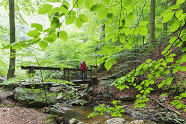 Ältere Frau steht auf einer Brücke im Wald - GWF07818