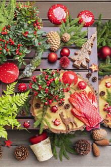 Winterpflanzen, Tannenzapfen, Weihnachtsschmuck, Holzuntersetzer und Gartenhandschuhe auf dem Tisch - GWF07825