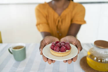 Hände einer Frau halten Himbeertorte auf einem Teller zu Hause - SVKF01394