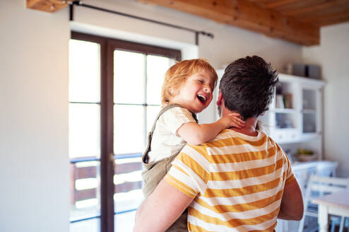 A mature father carrying toddler boy indoors at home, laughing. - HPIF18905