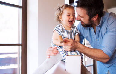 Mature father with small daughter playing with carboard house indoors at home. - HPIF18925