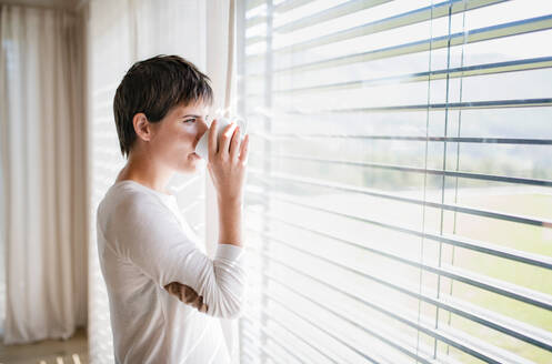 Porträt einer jungen glücklichen Frau mit Kaffee, die zu Hause am Fenster steht und trinkt. - HPIF18989