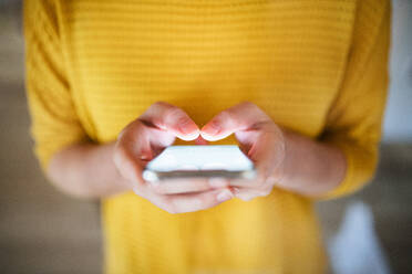 Midsection of young woman with smartphone standing indoors at home. Shot through glass. - HPIF19018