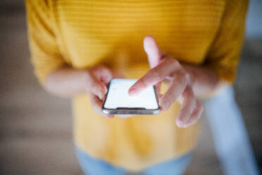 Mittelteil einer jungen Frau mit Smartphone, die in einem Haus steht, aufgenommen durch Glas. - HPIF19019