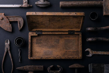 Lay flat of antique, vintage blacksmith tools Stock Photo