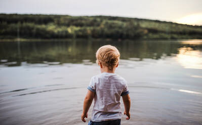 Rückansicht eines kleinen Kleinkindes, das im Sommer im Freien in einem Fluss spazieren geht. - HPIF19263