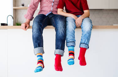 Vater mit kleinem Sohn mit flippigen Socken auf dem Küchentisch sitzend in der Mitte. - HPIF19429