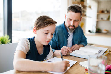 A mature father with small son sitting at table indoors, making homework. - HPIF19437