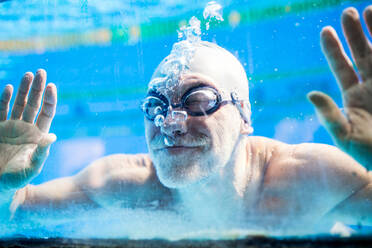 Senior man swimming underwater in an indoor swimming pool. Active pensioner enjoying sport. Close up. - HPIF19674