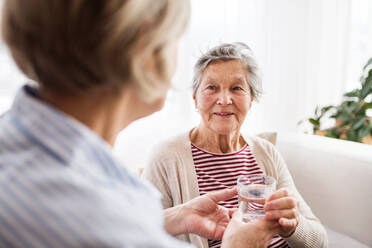 Two senior women at home,holding a glass of water. Family and generations concept. - HPIF19727