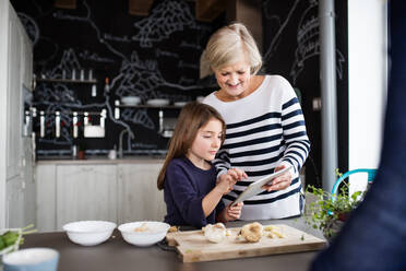 Ein kleines Mädchen und ihre Großmutter mit einem Tablet zu Hause beim Kochen. Familien- und Generationenkonzept. - HPIF19776