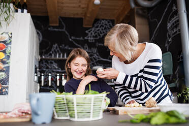 A small girl with her grandmother at home, cooking. Family and generations concept. - HPIF19778