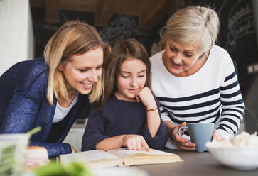 Ein kleines Mädchen mit seiner Mutter und seiner Großmutter zu Hause: das Konzept der Familie und der Generationen. - HPIF19786