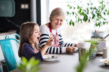 Ein kleines Mädchen mit seiner Großmutter zu Hause beim Essen - ein Konzept für Familie und Generationen. - HPIF19812