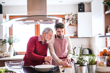 Hipster-Sohn mit seinem älteren Vater beim Kochen in der Küche. Zwei Generationen im Haus. - HPIF19846