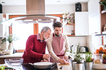 Hipster son with his senior father cooking in the kitchen. Two generations indoors. - HPIF19846