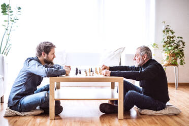 Hipster-Sohn und sein älterer Vater spielen zu Hause Schach - zwei Generationen in einem Haus. - HPIF19872