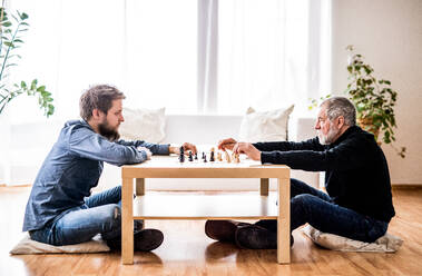 Hipster-Sohn und sein älterer Vater spielen zu Hause Schach - zwei Generationen in einem Haus. - HPIF19885