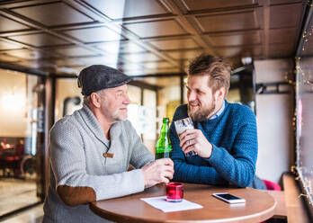 Senior father and his young son drinking beer in a pub. - HPIF19901