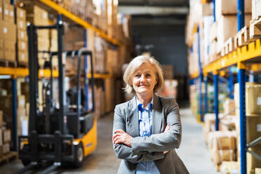 Portrait of a senior woman warehouse manager or supervisor, arms crossed. - HPIF19906