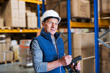 Portrait of a senior male warehouse worker or a supervisor with handheld barcode scanner. - HPIF19914