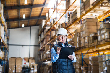 Senior woman warehouse manager or supervisor with a white helmet and clipboard, controlling stock. - HPIF19932