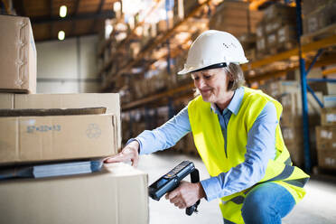 Senior warehouse woman worker or supervisor using a mobile handheld PC with barcode scanner. - HPIF19945