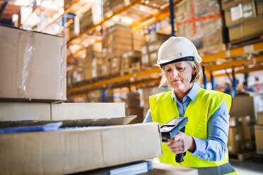 Senior warehouse woman worker or supervisor using a mobile handheld PC with barcode scanner. - HPIF19946