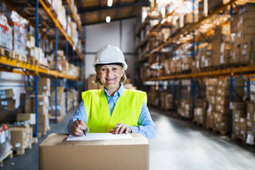 A senior woman worker or supervisor controlling stock in a warehouse. - HPIF19954
